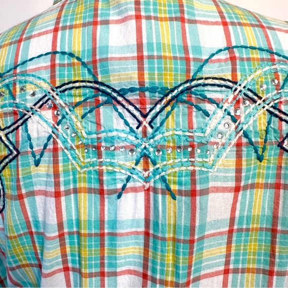 NEW ARIAT PASTEL PLAID RHINESTONE SNAP FRONT BLING EMBROIDERED WESTERN SHIRT SzS - Picture 5 of 11